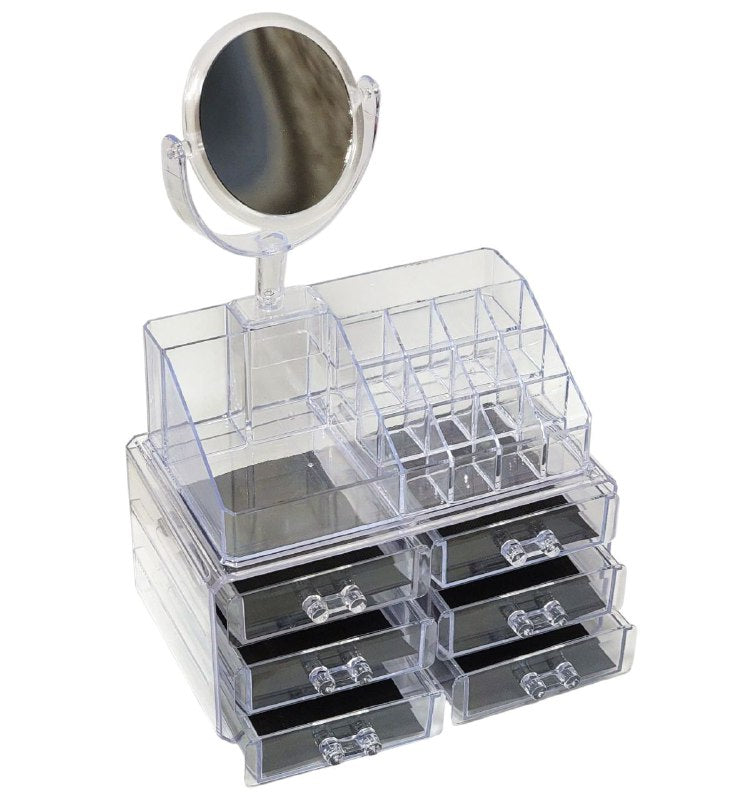 ORGANIZADOR ESTANTE DE COSMETICOS, MAQUILLAJE O JOYERIA TRANSPARENTE DE ACRILICO CON ESPEJO 18X22x13CM