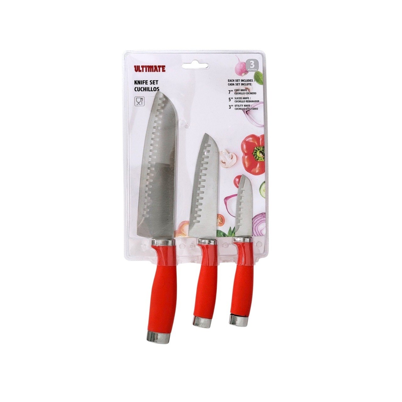 JUEGO DE CUCHILLOS ESENCIALES DE ACERO INOXIDABLE COLOR ROJO 3PCS ULTIMATE