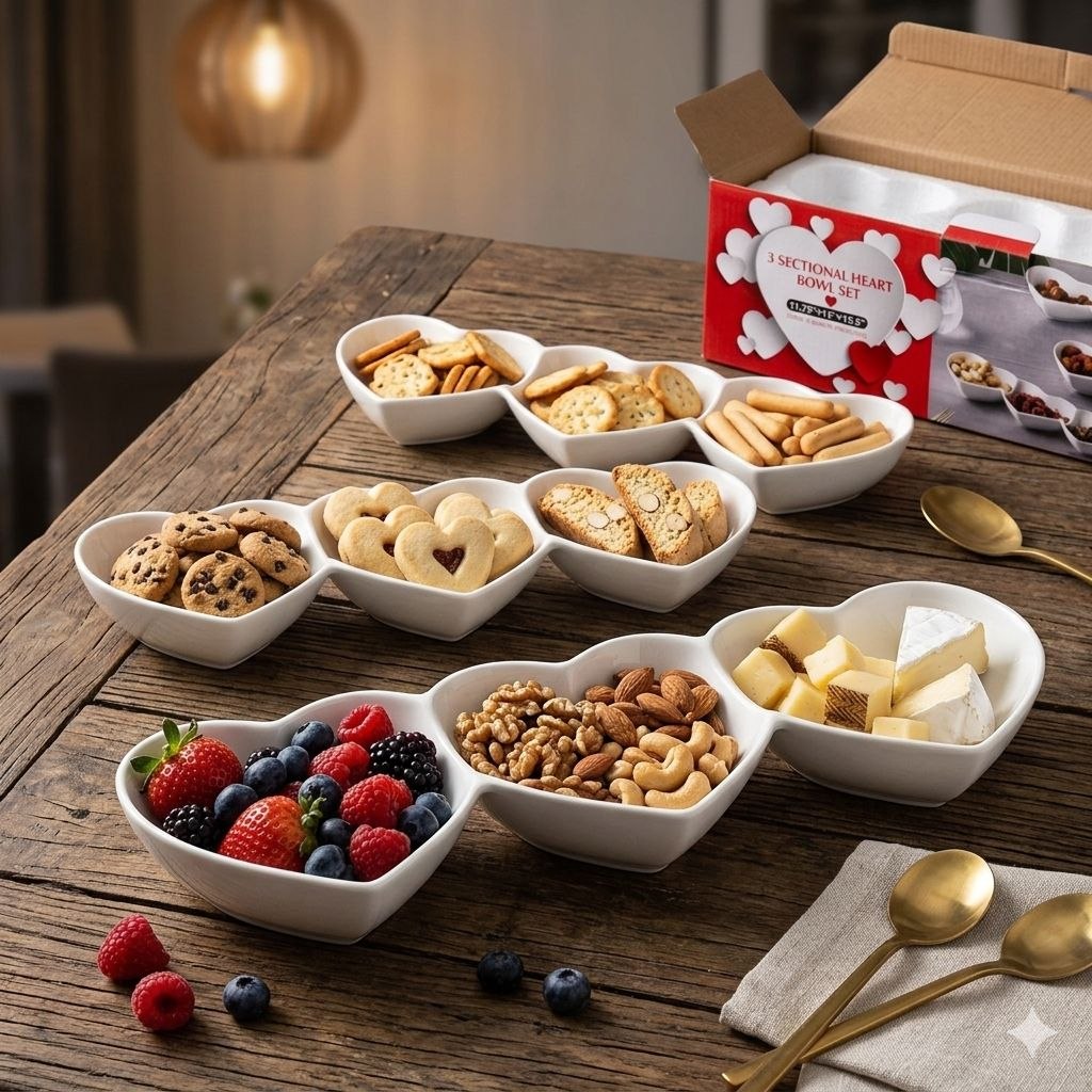 JUEGO DE PLATOS PARA APERITIVOS DE 3 CUENCOS SECCIONADOS CON FORMA DE CORAZON 3PCS LIFEART