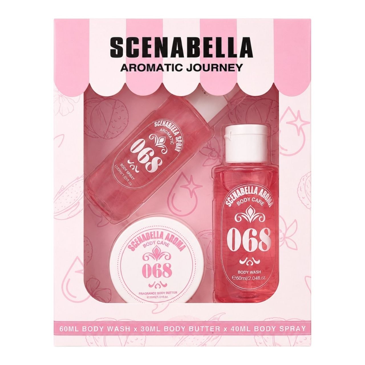 SET SCENABELLA AROMATIC JOURNEY 068 BODY SPRAY 40ML CREMA CORPORAL 30ML GEL DE DUCHA 60ML (M) (AROMA SIMILAR A SOL DE JANEIRO CHEIROSA 68)