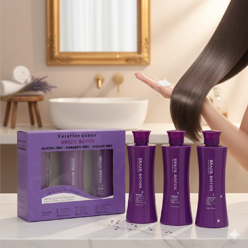 SET DE CUIDADO PARA EL CABELLO DE QUERATINA BRAZILEÑA SUAVIZANTE 3PCS KERATINE QUEEN 500MLX3