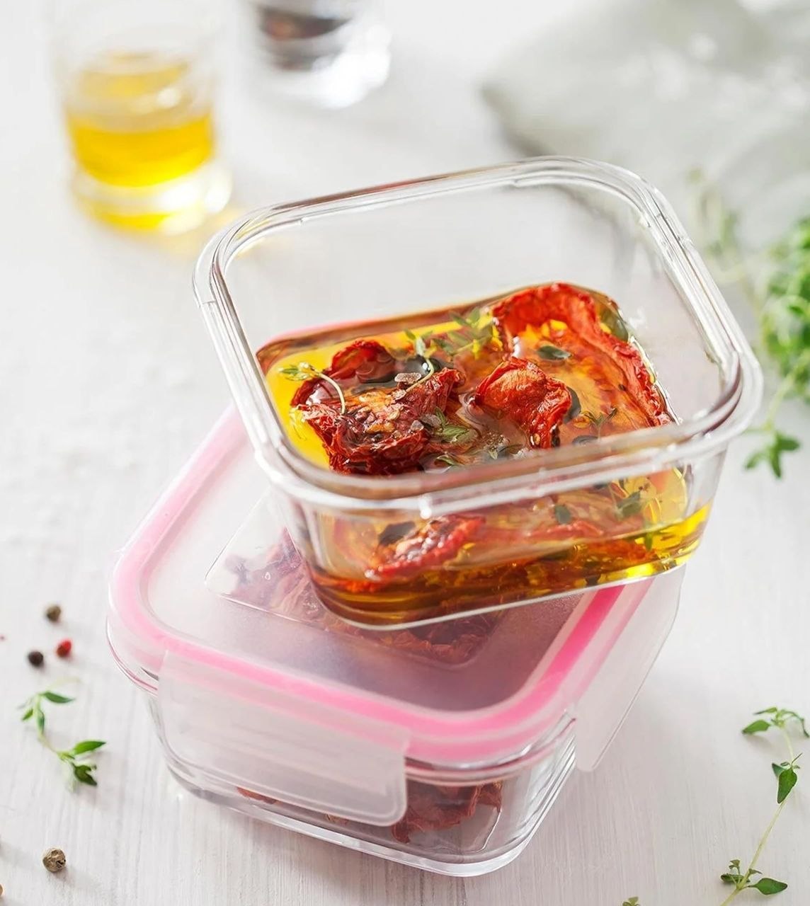 RECIPIENTE PANA PARA ALIMENTOS DE VIDRIO HERMETICA CON TAPA ROSA LAV 12X12CM