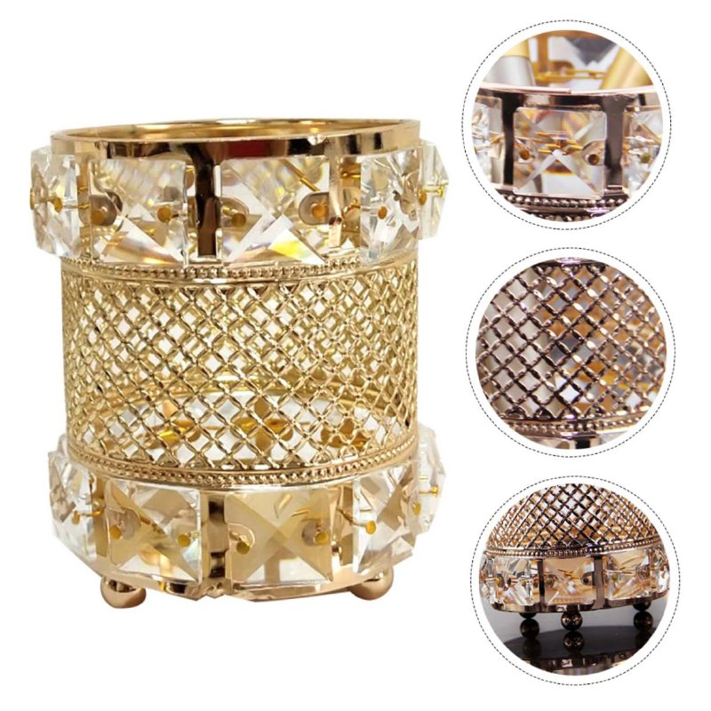 ORGANIZADOR DE BROCHAS DE MAQUILLAJE CON DIAMANTES DE IMITACION COLOR DORADO