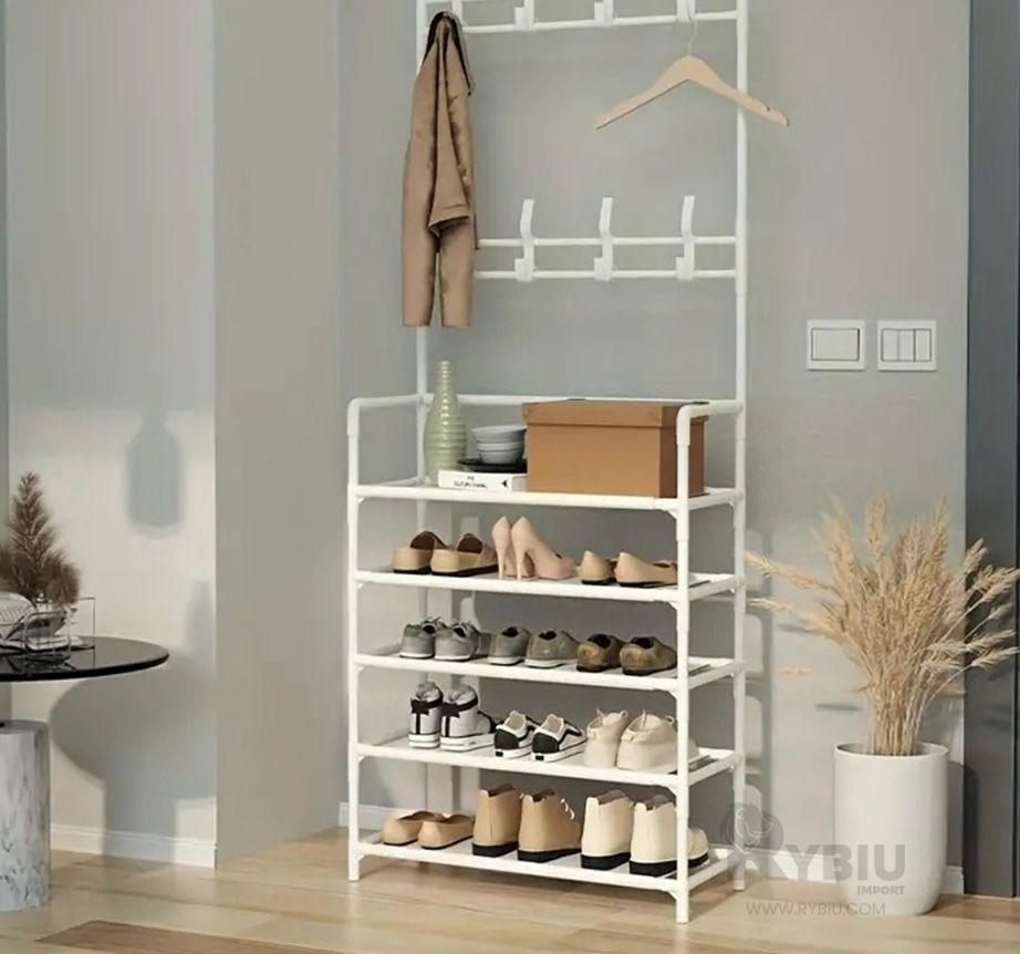 ESTANTE ORGANIZADOR DE METAL DE 4 NIVELES CON 8 GANCHOS PARA COLGAR ROPA,ETC COLOR BLANCO