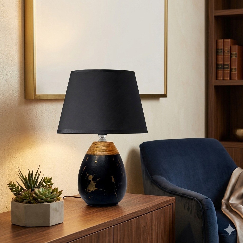 LAMPARA DECORATIVA DE MESA CON BASE CERAMICA Y PANTALLA DE TELA CON DISEÑO ORGANICO
