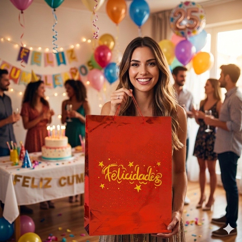 BOLSA DE REGALO EXTRA GRANDE DE FELICIDADES CON ACABADO METALICO 45X33CM