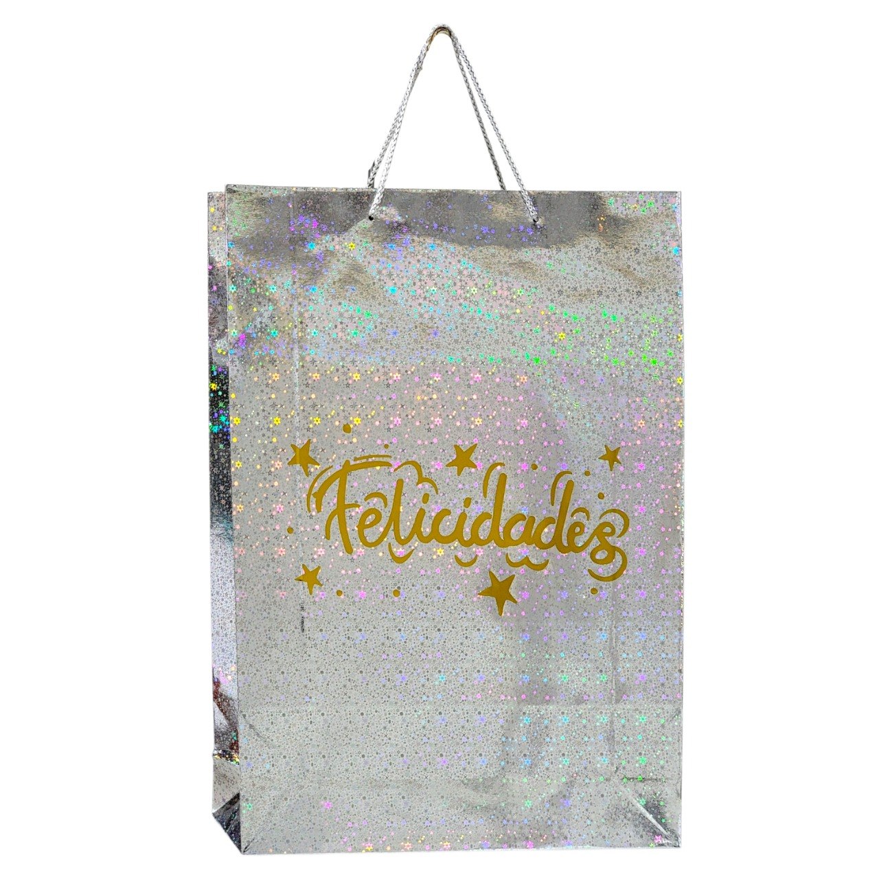 BOLSA DE REGALO EXTRA GRANDE DE FELICIDADES CON ACABADO METALICO 45X33CM