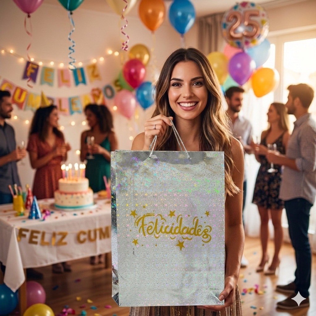 BOLSA DE REGALO EXTRA GRANDE DE FELICIDADES CON ACABADO METALICO 45X33CM