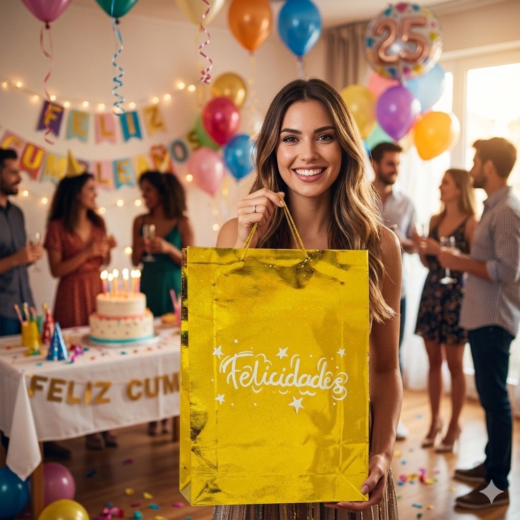 BOLSA DE REGALO EXTRA GRANDE DE FELICIDADES CON ACABADO METALICO 45X33CM