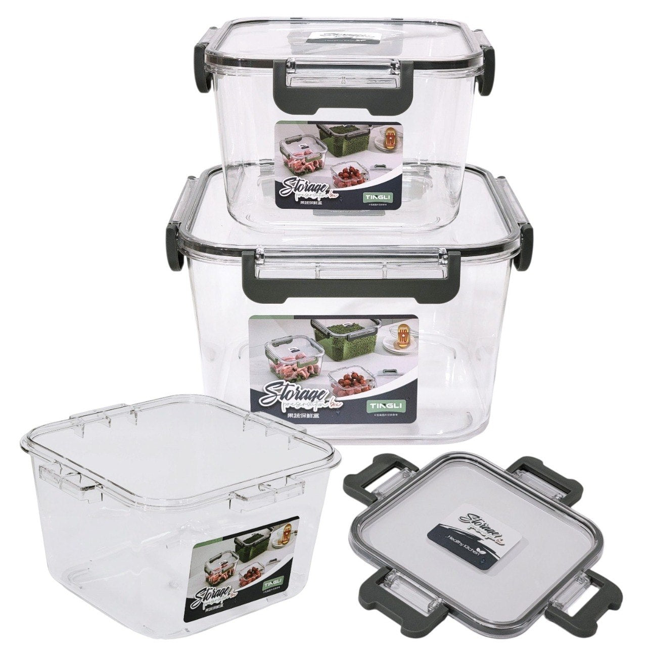 SET DE RECIPIENTES HERMETICOS CUADRADOS  COLOR GRIS OSCURO 3PCS TINGLI 25CM 20CM 16CM