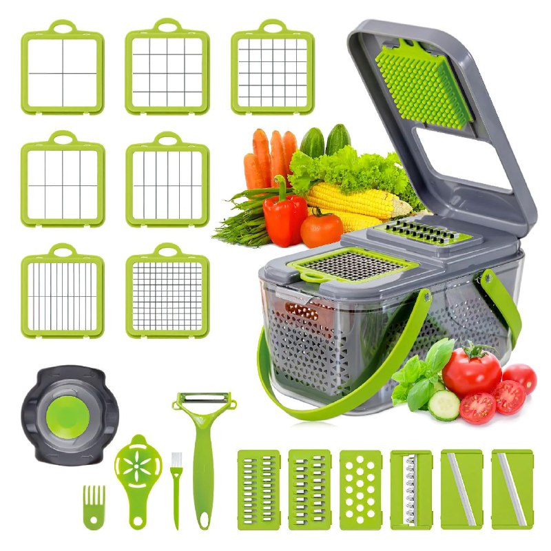 MAQUINA CHISMOLERA, 22 PIEZAS GRANDE CORTADORA DE VERDURAS MULTIFUNCIONAL 22 EN 1 CON CESTA DE DRENAJE, 16 CUCHILLAS DE ACERO INOXIDABLE, FACIL LIMPIEZA VEGGIE SLICER