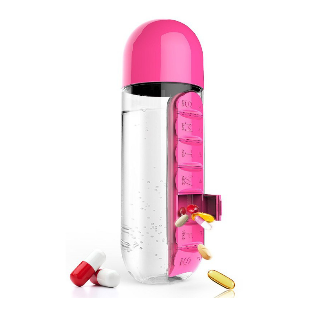 BOTE PARA AGUA 2 EN 1 CON ORGANIZADOR DE PASTILLAS 7 DIAS, VARIOS COLORES