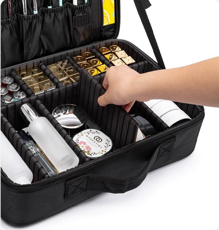ORGANIZADOR ESTUCHE DE ALMACENAMIENTO DE MAQUILLAJE PORTATIL CON SEPARADORES AJUSTABLES NEGRO 34.5x23.5x12CM