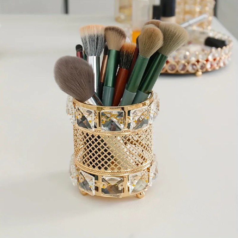 ORGANIZADOR DE BROCHAS DE MAQUILLAJE CON DIAMANTES DE IMITACION COLOR DORADO