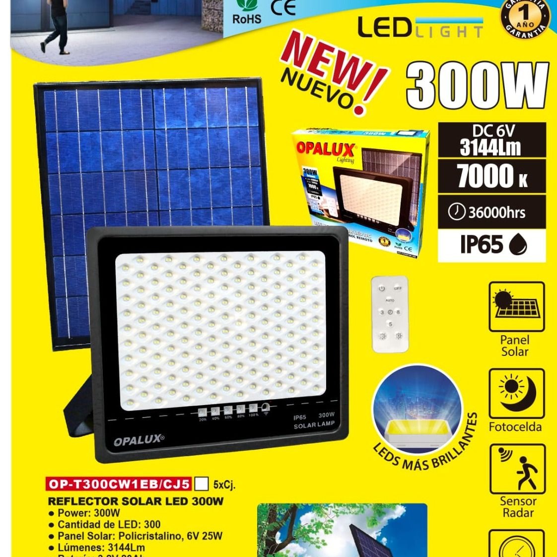 LUZ LED, LÁMPARA SOLAR CON SENSOR DE MOVIMIENTO Y PANEL SOLAR  300WATT CON PANEL