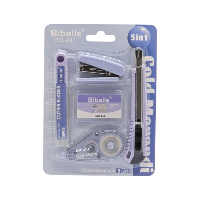 SET DE UTILES DE PAPELERIA PARA NIÑOS 5 EN 1, GRAPADORA, GRAPAS, CORRECTOR, CUTER REPUESTOS BIBAILE BBL-811