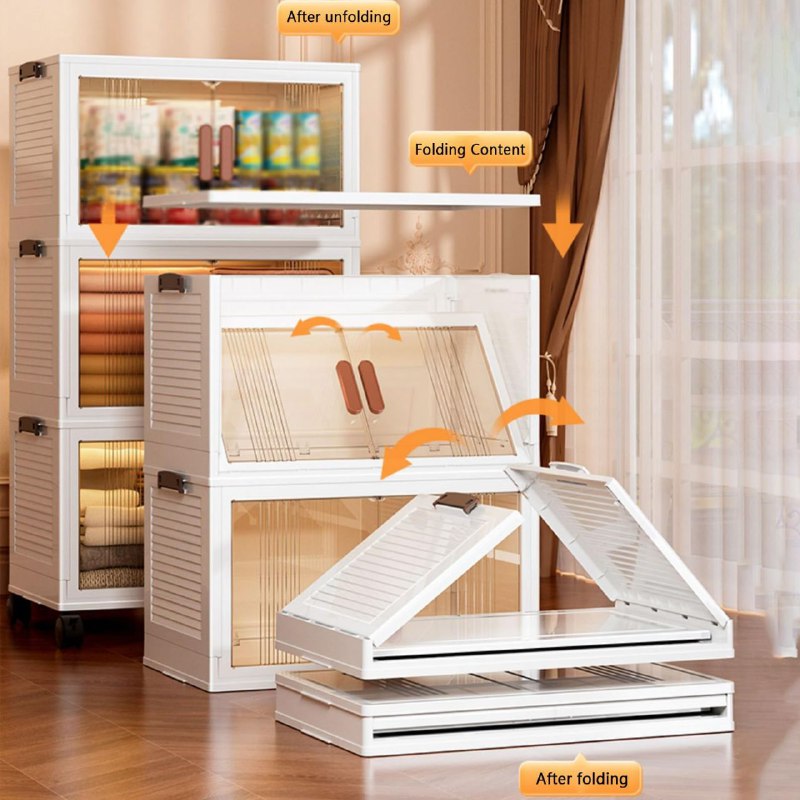 ORGANIZADOR ESTANTE DE ALMACENAMIENTO CON TAPAS, PUERTAS DOBLES CON 4 RUEDAS DESMONTABLES, 5 CAJAS DE ALMACENAMIENTO DE PLASTICO COLOR BLANCO
