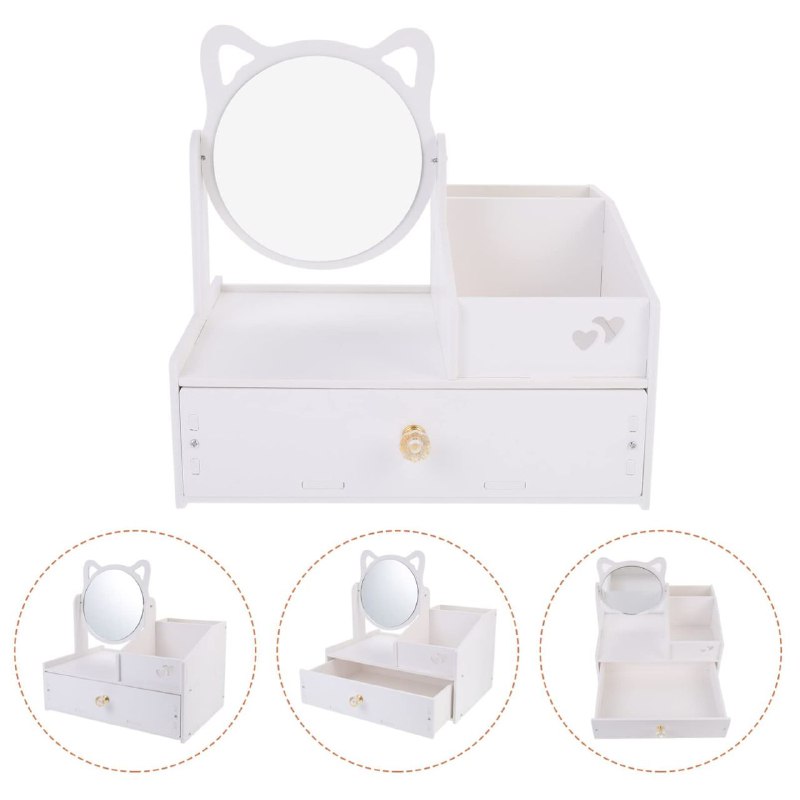 ESTANTE ORGANIZADOR DE MAQUILLAJE O JOYERIA COLOR BLANCO CON ESPEJO DISEÑO DE GATO 29X20X17CM