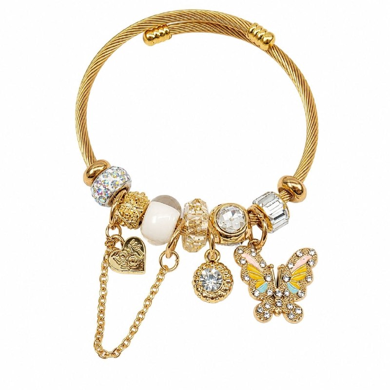 PULSERA DE ENCHAPE PARA DAMA CON DISEÑO DE CORZON, FLOR Y MARIPOSA  6CM
