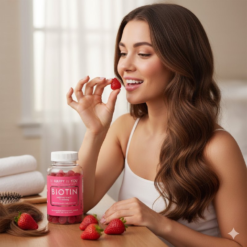 VITAMINAS EN GOMITAS DE BIOTINA, ALTA POTENCIA 10000MGC, PROMUEVE EL CABELLO Y UÑAS SALUDABLES, SABOR FRESA PECTINA BE HAPPY BE YOU DIETARY SUPLEMENT 120UND