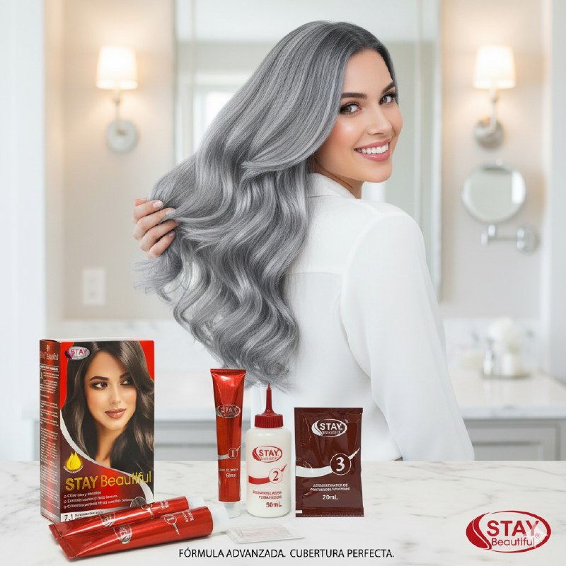 TINTE PARA EL CABELLO COLOR PLATEADO BRILLANTE 7.1, VIVO Y DURADERO STAY BEUTIFUL 50MLX2+20ML