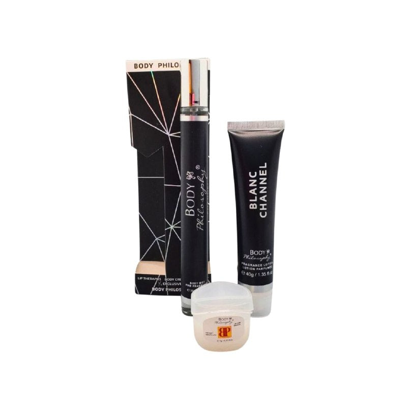 SET PERFUME EN TUBO PARA HOMBRE BODY PHILOSOPHY BLANC CHANNEL EDP 35ML, BODY LOTION 40G, VASELINA 7G (H)