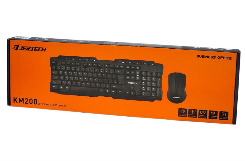 TECLADO INALAMBRICO EN COMBO DE OFICINA, TAMAÑO COMPLETO CON DISEÑO DE 104 TECLAS, MOUSE RATON DE 4 BOTONES JERTECH KM200