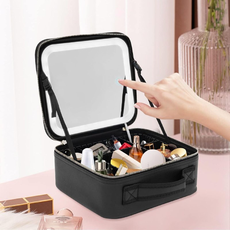 ORGANIZADOR DE COSMETICOS, ESTUCHE ORGANIZADOR DE MAQUILLAJE CON ESPEJO LED, DE 3 MODOS DE LUZ, CUBIERTA TRANSPARENTE, CORREA, DIVISIONES LED MAKEUP MIRROR HANDHELD