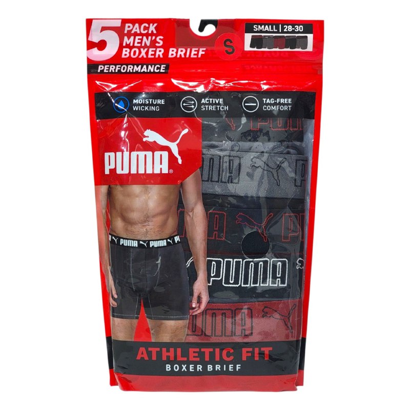 ROPA INTERIOR PARA CABALLERO PUMA ATHLETIC FIT BOXER BRIEF 5 UNIDADES  TALLA SMALL 28-30 (S)