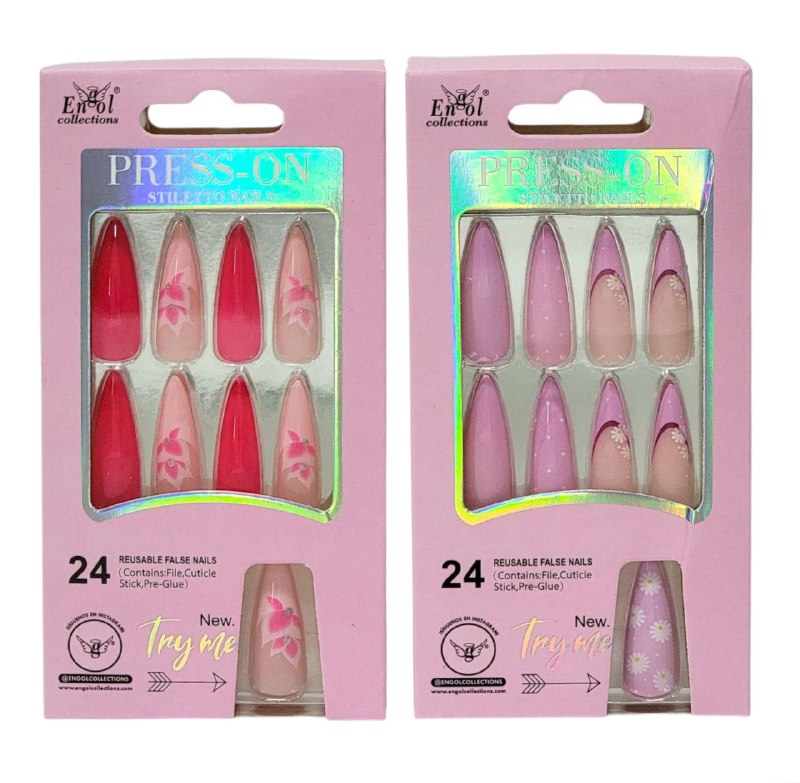 SET DE 24 UÑAS POSTIZAS REUTILIZABLES, LIMA, PALILLO PARA CUTICULA Y PEGAMENTO ENGOL COLLECTIONS