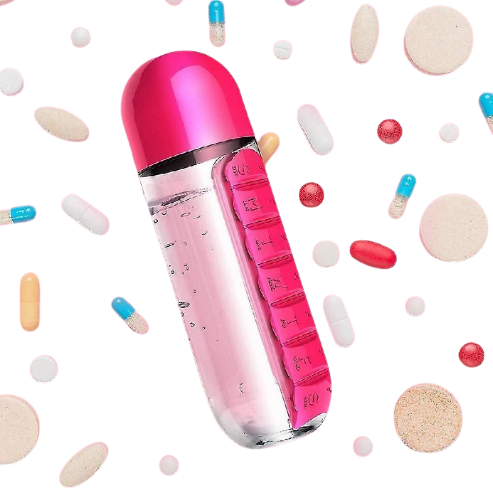 BOTE PARA AGUA 2 EN 1 CON ORGANIZADOR DE PASTILLAS 7 DIAS, VARIOS COLORES