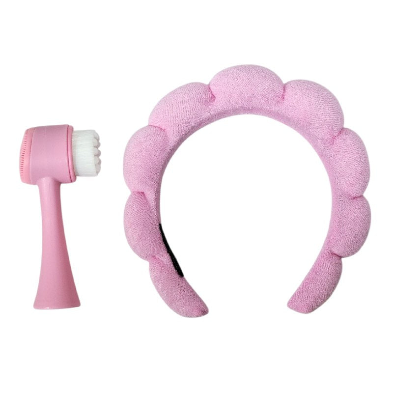 KIT DE CUIDADO FACIAL, BANDA PARA EL PELO Y CEPILLO FACIAL DOBLE ACCION RUBYFACE, 3 COLORES