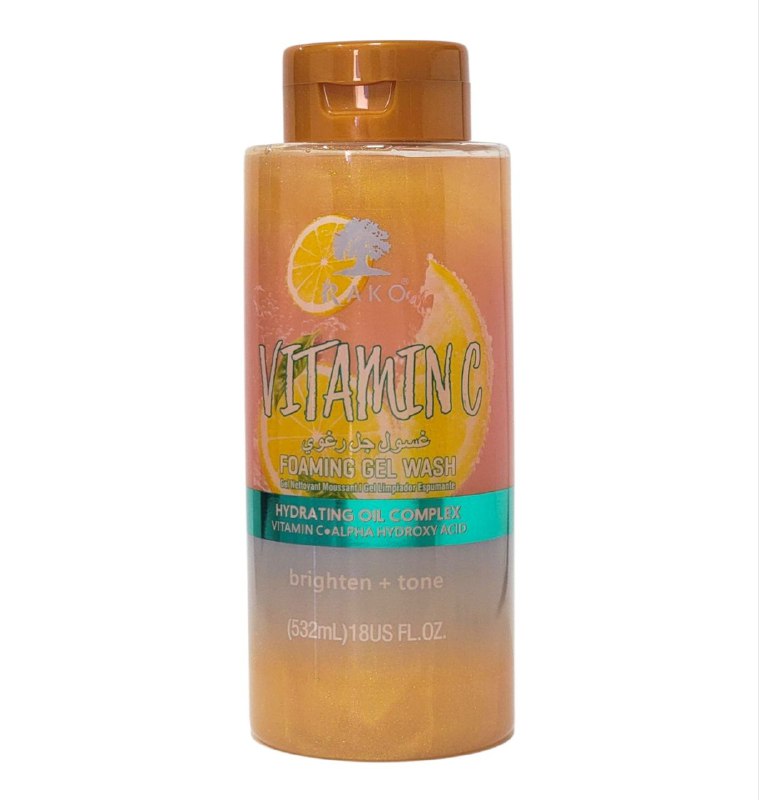 GEL DE DUCHA DE LIMPIEZA ESPUMOSO CON VITAMINA C Y HIDROXIACIDO, QUE ILUMINA Y TONIFICA SU PIEL DEJANDOLA HIDRATADA Y RADIANTE RAKO 532ML