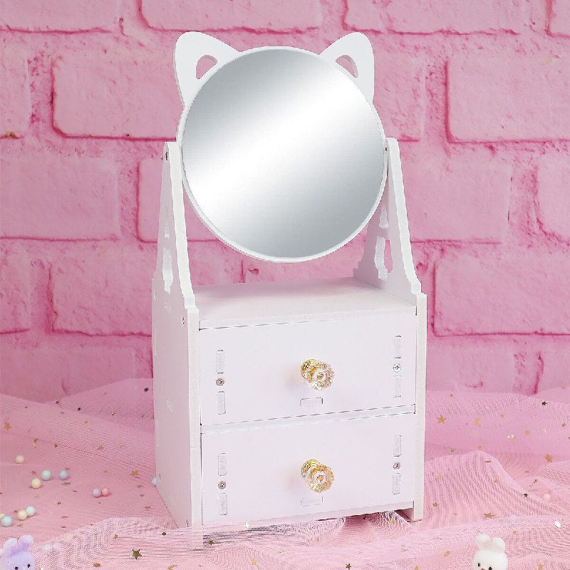 ESTANTE ORGANIZADOR DE MAQUILLAJE O JOYERIA COLOR BLANCO CON ESPEJO DISEÑO DE GATO 16X13X27CM
