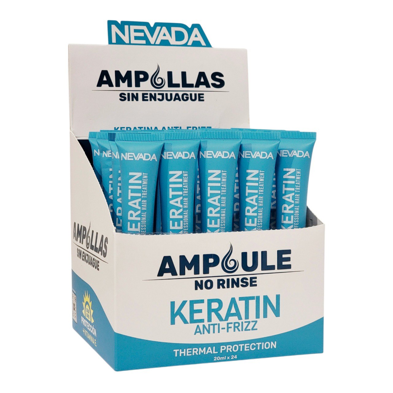 AMPOLLAS PARA EL CABELLO ANTI FRIZZ SIN ENJUAGE CON QUERATINA  Y VITAMINA E NEVADA 20ML
