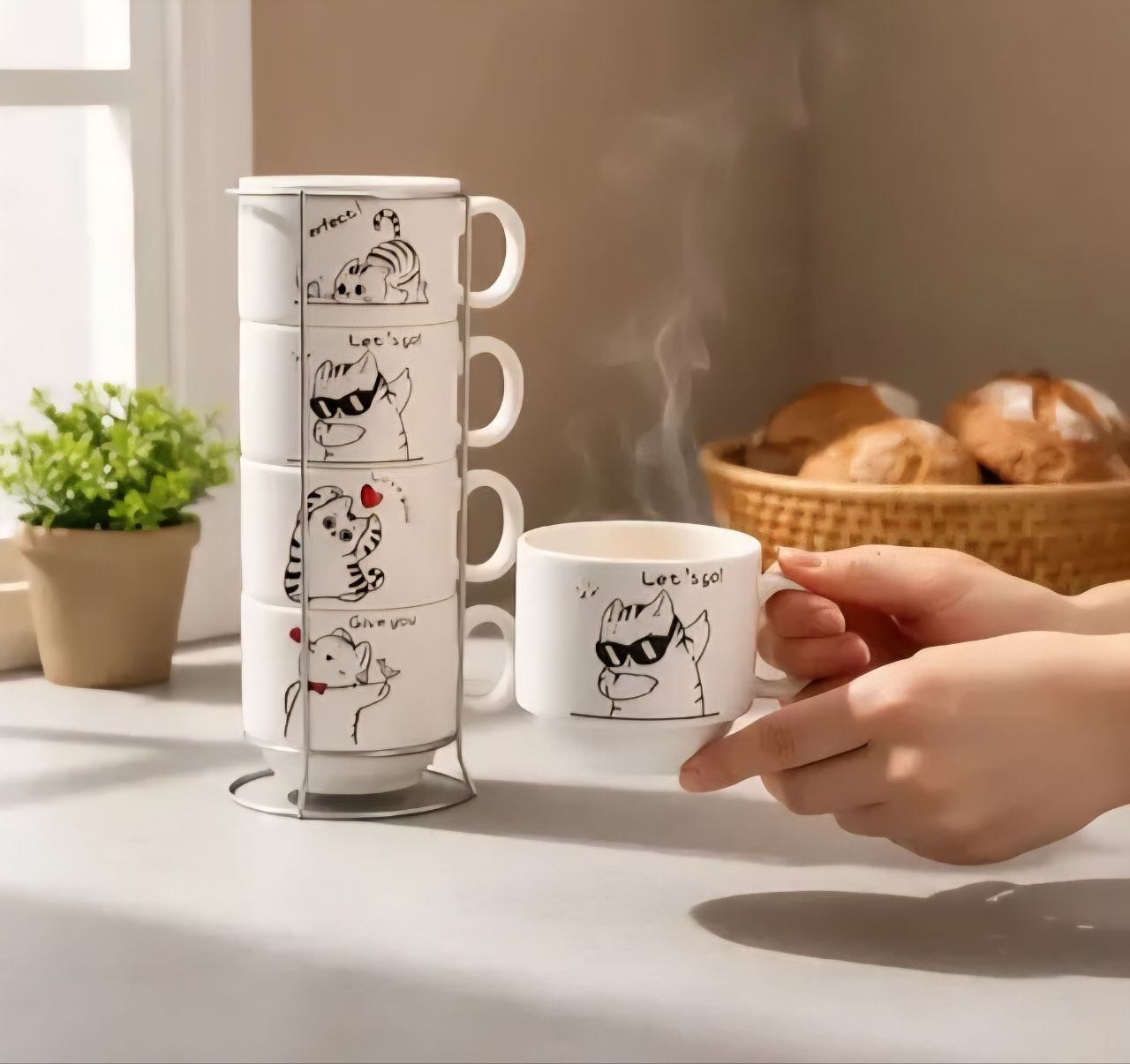 SET DE TAZAS CON DISEÑO GATITOS CON BASE DE ACERO INOXIDABLE 4PCS 7X7CM