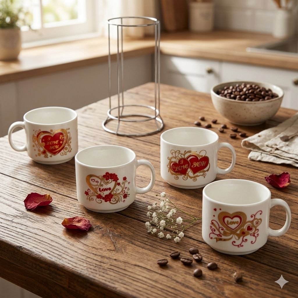 SET DE TAZAS CON DISEÑO DE AMOR CON BASE DE ACERO INOXIDABLE 4PCS 7X7CM