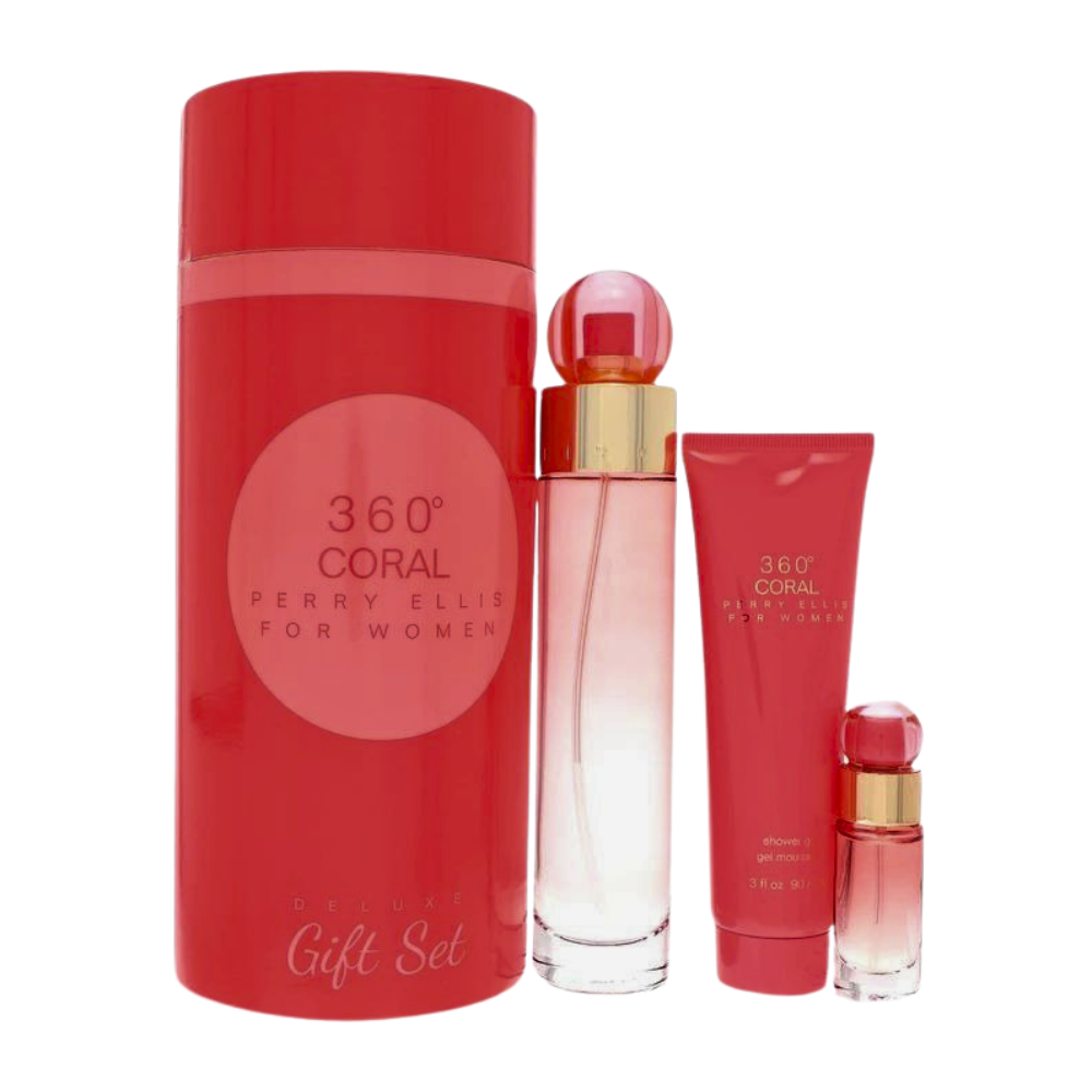 SET PERRY ELLIS 360 CORAL FOR WOMEN SHOWER GEL 90ML, EDP 100ML, MINI EDP 7.5ML (M)