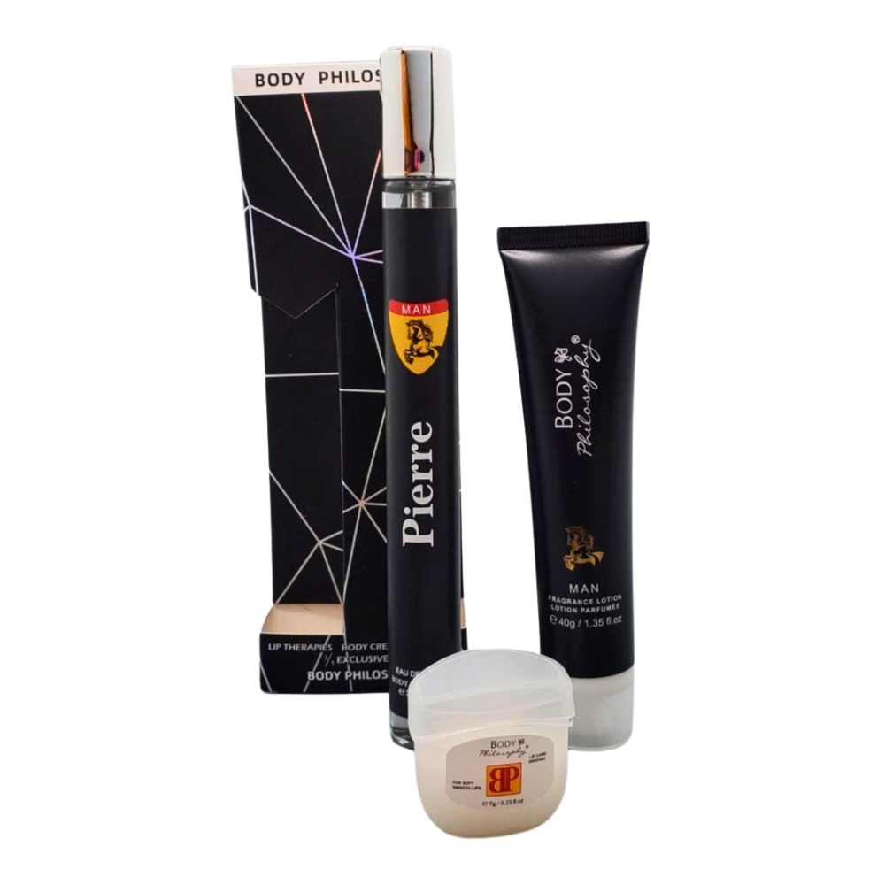 SET PERFUME EN TUBO PARA HOMBRE BODY PHILOSOPHY PIERRE EDP 35ML, BODY LOTION 40G, VASELINA 7G (H)