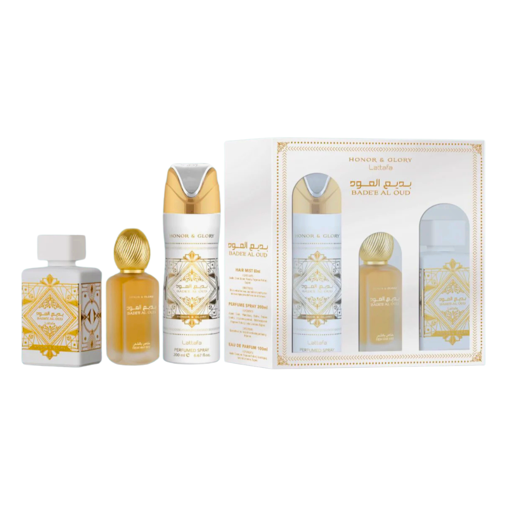 SET LATTAFA BADEE AL OUD HONOR & GLORY EDP 100ML, HAIR MIST 50ML, BODY SPRAY 200ML (U)