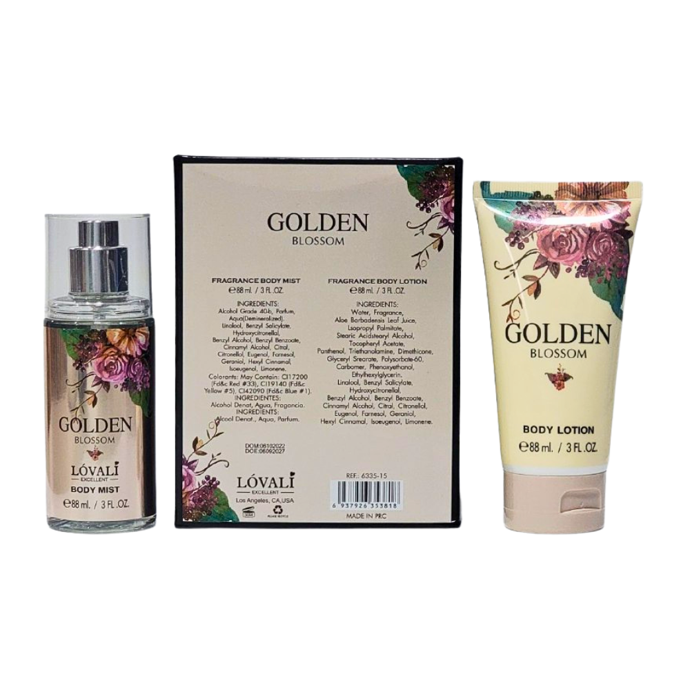 SET DE SPLASH PARA DAMA LOVALI GOLDEN BLOSSOM SPLASH 88ML, BODY LOTION 88ML (M)