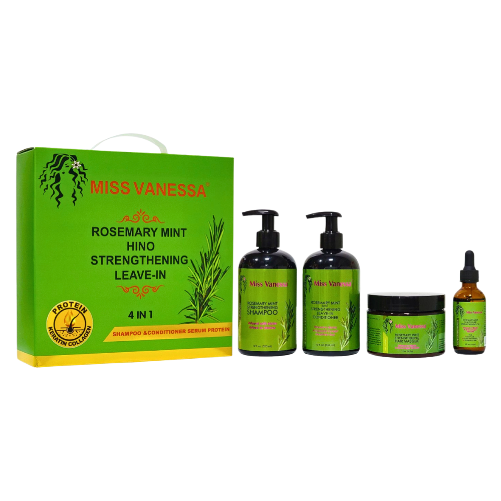 SET DE CUIDADO DEL CABELLO DE 4 PIEZAS DE ROMERO Y MENTA, DEJA EL CABELLO SUAVE, BRILLANTE E HIDRATADO PARA EL CABELLO EXTRA SECO, SAMPOO 355ML, ACONDICIONADOR 35ML, MASCARILLA PARA EL CABELLO 340, SUERO HIDRATANTE 59ML MISS VANESSA