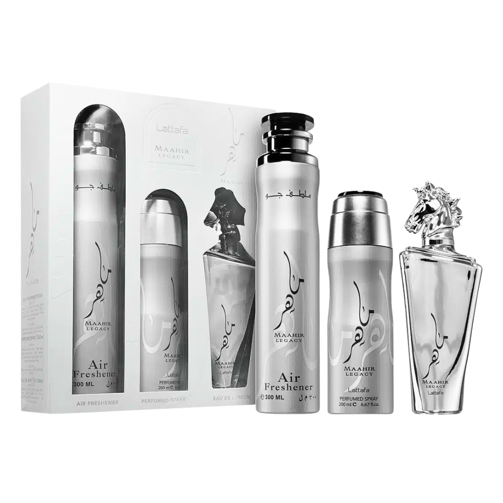 SET LATTAFA MAAHIR LEGACY EDP 100ML, SPRAY PARA EL CABELLO 300ML, BODY SPRAY 200ML (H) (DUPE PARFUMS DE MARLY SEDLEY EDP)