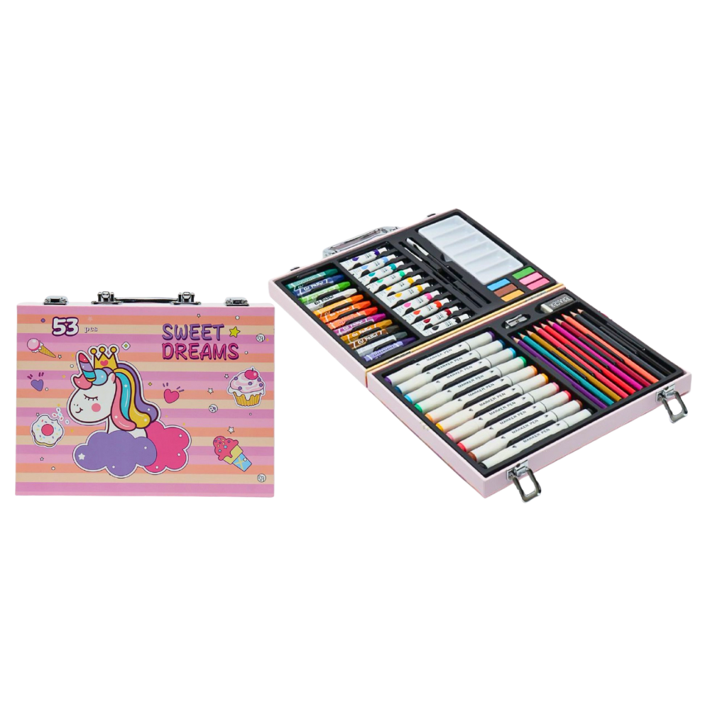 ESTUCHE DE ARTE Y DIBUJO CREATIVO PARA NIÑAS 53 PIEZAS ROSADO UNICORNIO