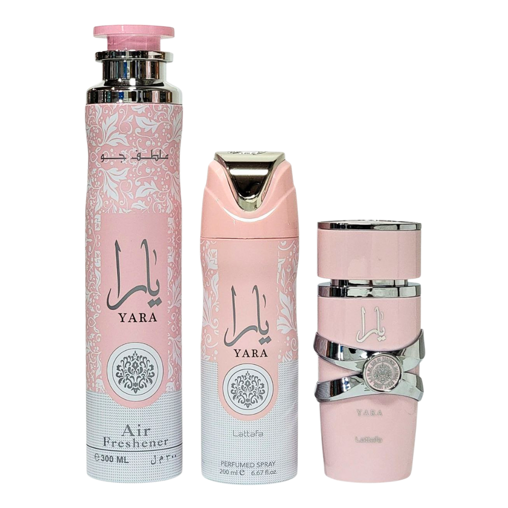SET LATTAFA YARA EDP 100ML, AMBIENTAL PERFUMADO 300ML, BODY SPRAY 200ML (M)