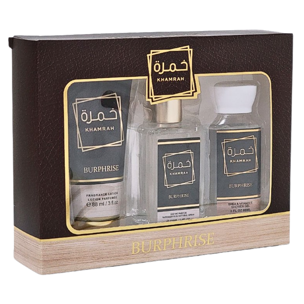 SET BURPHRISE KHAMRAH EDP 100ML GEL DE DUCHA 88ML CREMA CORPORAL 88ML (H) (AROMA SIMILAR A LATTAFA KHAMRAH)