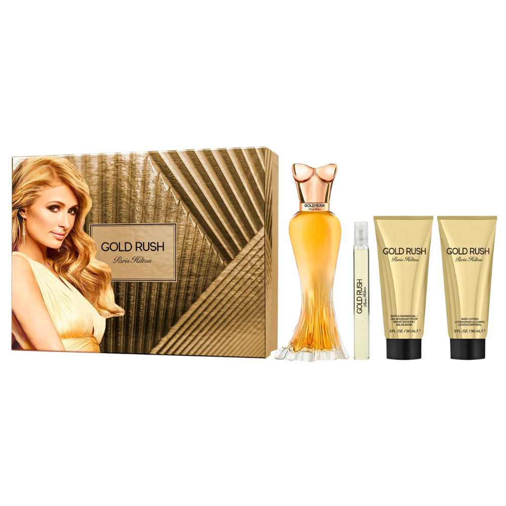 SET PARIS HILTON GOLD RUSH EDP 100ML, EDP 10ML, SHOWER GEL 90ML, BODY LOTION 90ML (M)