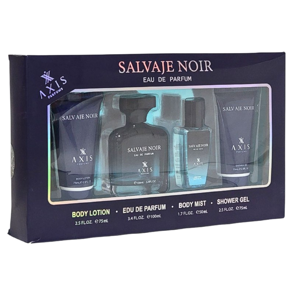 SET SALVAJE NOIR AXIS PERFUMS EDP 100ML, BODY LOTION 75ML, SPLASH 50ML, SHOWER GEL 75ML (H) (AROMA SIMILAR DIOR SAUVAGE)