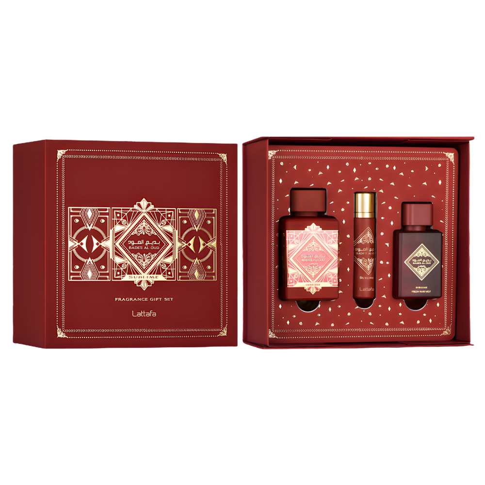 SET LATTAFA BADEE AL OUD SUBLIME FRAGRANCE GIFT SET EDP 100ML, EDP 12ML, SPRAY CABELLO 50ML (U)