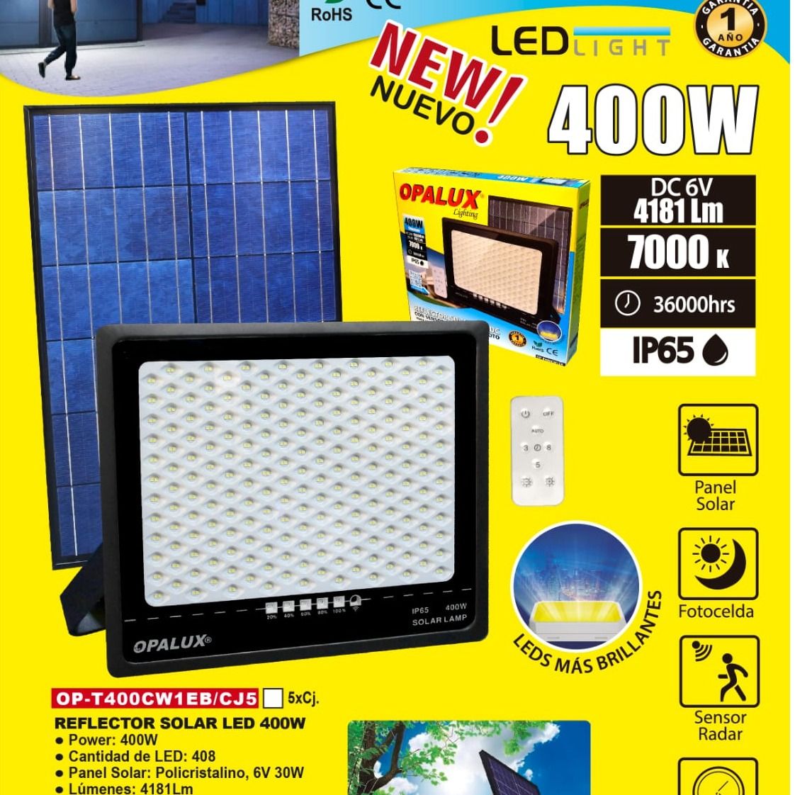 LUZ LED, LÁMPARA SOLAR CON SENSOR DE MOVIMIENTO Y PANEL SOLAR 400 WAT